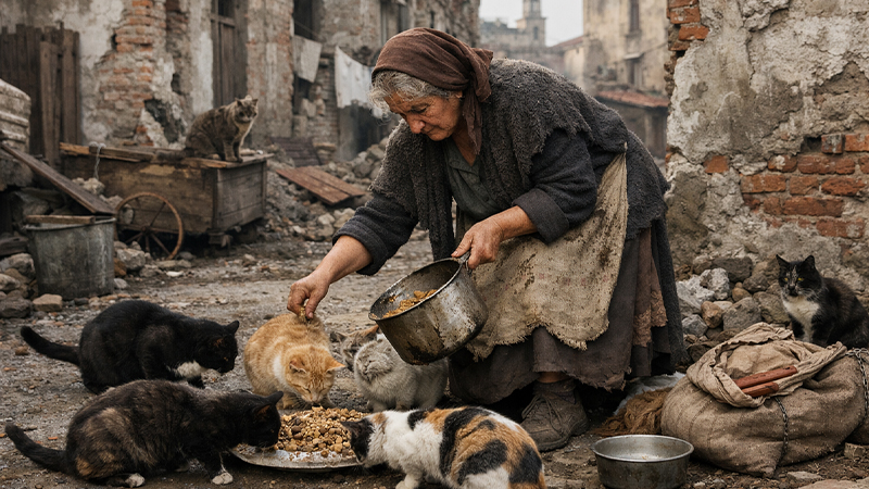 大戦後のイタリアで野良猫を世話しているガッターレのイメージ画像