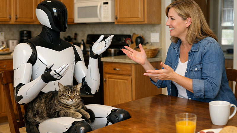 人間とAI、猫が一緒にいる様子のイメージ画像