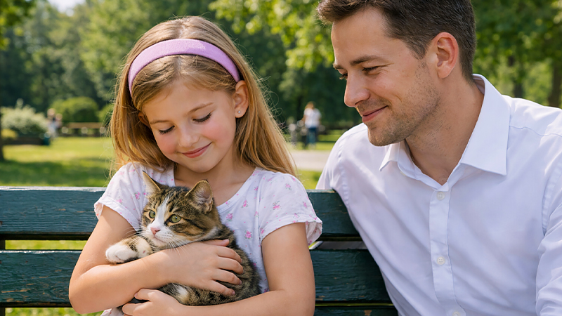 子猫を抱える子供と見守る大人のイメージ画像
