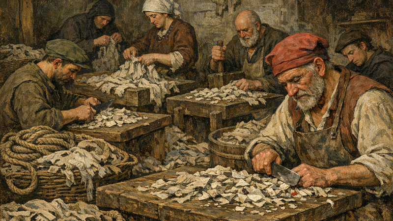 ボロ紙の材料となるボロ布を細かく裁断しているイメージ画像