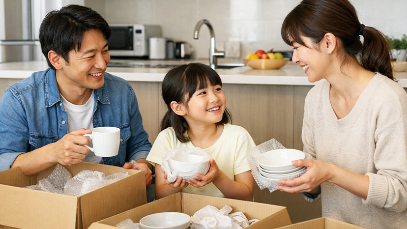 ダンボールから食器を取り出す光景のイメージ画像