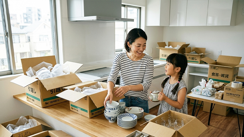 引っ越しを終えた家族のイメージ画像