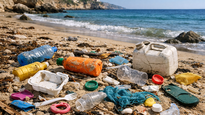海岸に打ち上げられたプラスチックゴミのイメージ画像