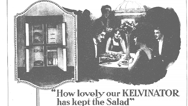 1920年の新聞広告に掲載されたアメリカ企業ケルビネーターの冷蔵庫