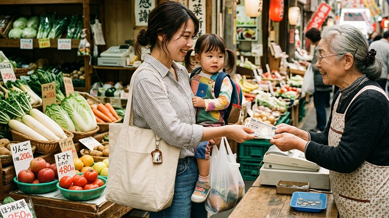 日本の八百屋における現金支払いのイメージ画像
